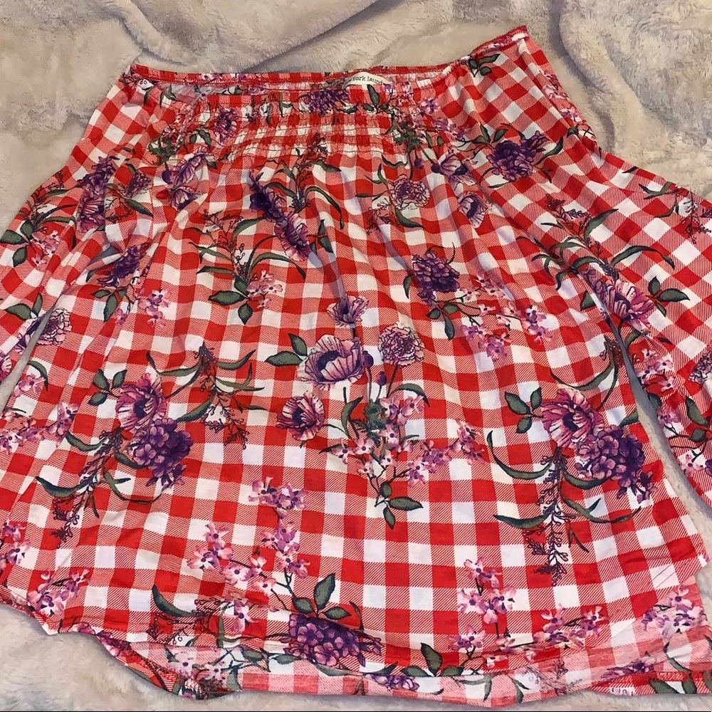 Red Gingham Print Floral Top